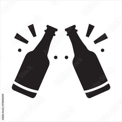 Cheers two beer bottle black silhouette vector, toasting beer bottles icon