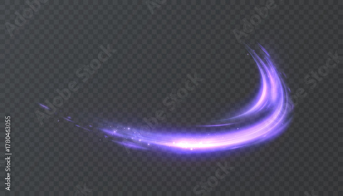Bright purple light trail with glowing curved stream and sparkling light glare, isolated vector light effect on transparent background.	
