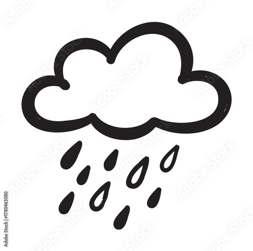 Black outline doodle icon of a raining cloud with raindrops for weather and forecast concepts.