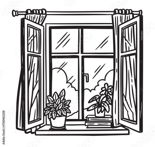 Black outline drawing of an open window with potted plants and books on the windowsill, highlighting home comfort and natural light.