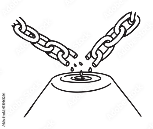 Black outline icon of a broken chain releasing water droplets into a circular container on a surface.
