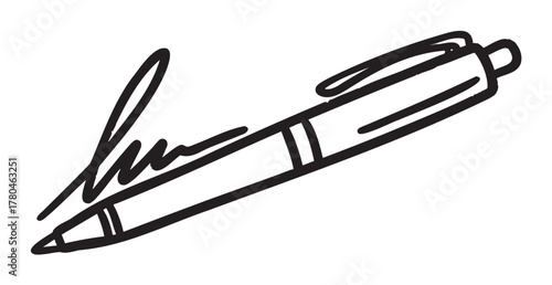 Black outline drawing of a retractable ballpoint pen with a clip and a simple line drawing signature.
