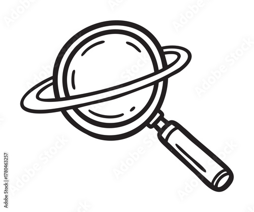 Black outline icon of a magnifying glass with a ring around its lens, resembling a planet. minimal linear illustration for exploration and discovery themes.