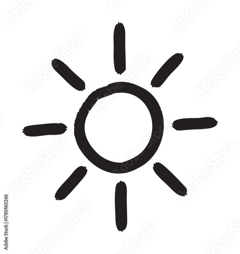 Black outline drawing of a simple sun with a round center and eight short, straight rays emanating outward.