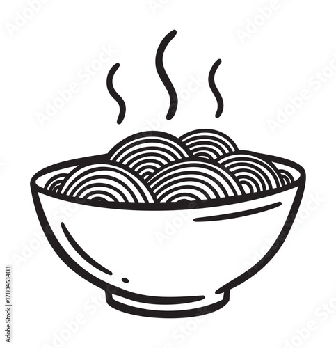 Black outline vector icon of a steaming bowl of noodles in a simple and minimal linear style.