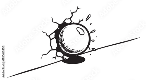 Black outline drawing of a cracked solid glass marble breaking through a surface, surrounded by jagged lines and debris.