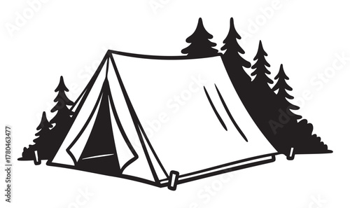 Black outline icon of a simple triangular camping tent with surrounding pine trees, ideal for outdoor and adventure themes.
