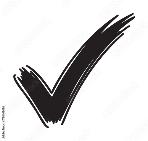 Black hand-drawn check mark with rough edges on a white background. perfect for symbolizing approval or completion.