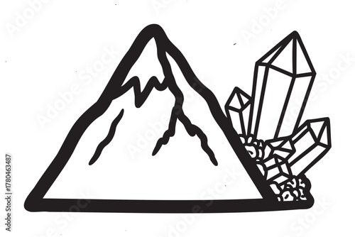 Black outline vector of a mountain silhouette with crystallized minerals on the side in a linear style.