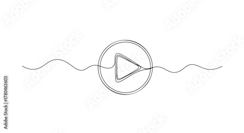 Single Continuous Line Art Icon of a Play Button with Sound Waves, Minimalist Design