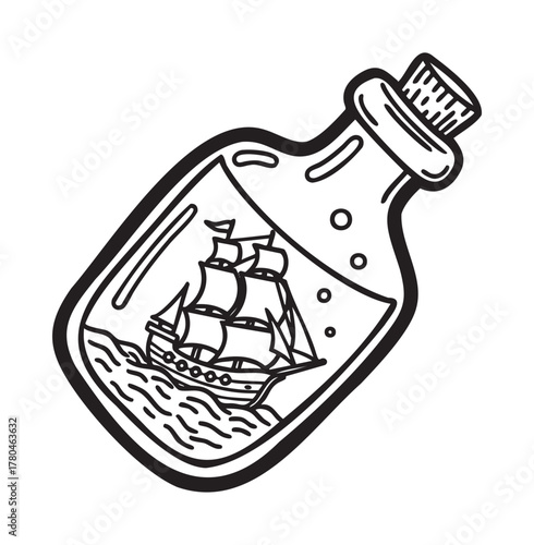 Black outline drawing of a ship inside a bottle, with a detailed sailing vessel on wavy waters, illustrating adventure and travel symbolism.