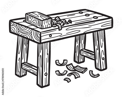 Black outline vector icon of a simple wooden workbench with a hand planer on top and wood shavings scattered on the ground.