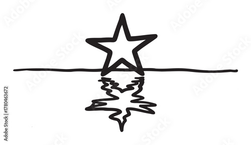 Black outline drawing of a five-point star with a wavy reflection below, resembling a mirror image on water.