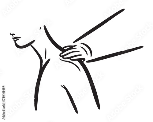 Black outline drawing of a person's shoulder and neck with a hand placed gently on the shoulder, suggesting comfort or massage.