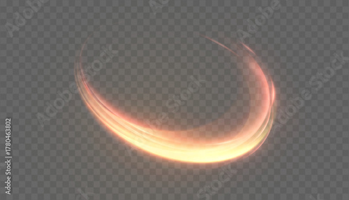 Golden light trail with glowing curved stream and sparkling light flare isolated vector light effect on transparent background.	
