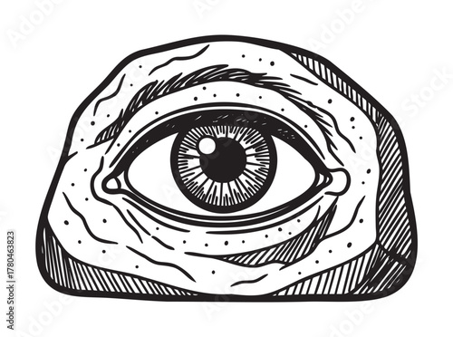 Black and white engraved illustration of a detailed human eye on a textured stone, focusing on intricate shading and line work.