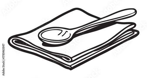 Black outline drawing of a spoon placed diagonally on a neatly folded napkin, representing dining and table setting concepts.