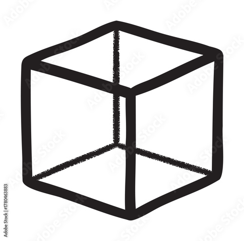 Black outline of a hand-drawn cube, depicted with bold borders and a simple, minimalistic design.