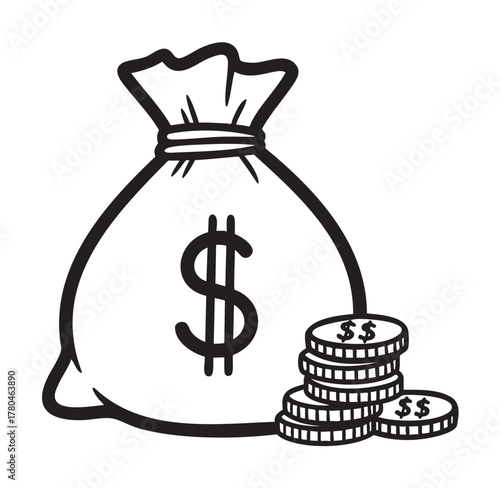 Black and white drawing of a money bag with a dollar sign and a stack of coins, symbolizing wealth and financial concepts.