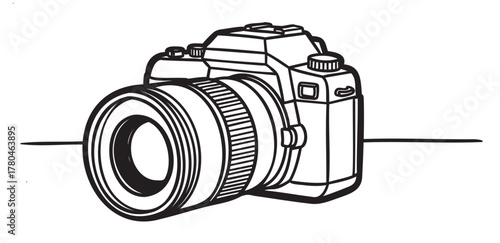 Black outline drawing of a digital slr camera with a large lens, depicting technical details and minimal design elements.