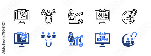 Digital marketing, Customer acquisition, Conversion rate, Loyalty program, Customer engagement with two styles, line and duotone icon.