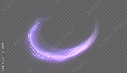 A magical glowing vortex with a bright purple glow and sparkling sparkles on a transparent background. A dynamic curved light trail of energy for fantasy effects, spells, or digital motion design.