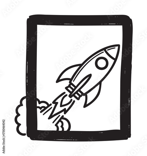 Black outline drawing of a simple rocket launching into space, enclosed within a rectangular frame.