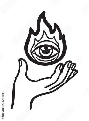 Black outline vector icon of an open human hand with a burning eye symbol above it, representing mystical and spiritual concepts.