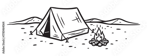 Black outline drawing of a simple triangular camping tent with a small campfire, set in a hilly landscape.