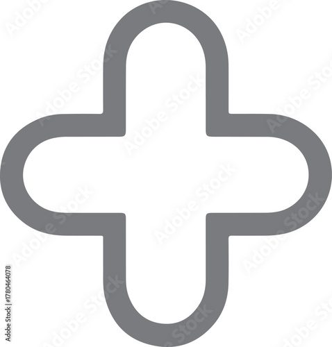 Rounded gray plus sign vector icon for addition or medical purposes on a transparent background