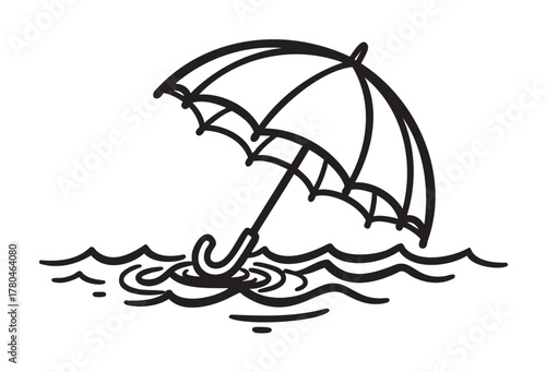 Black outline illustration of an open umbrella floating on water with ripples, symbolizing protection and shelter in uncertain conditions.