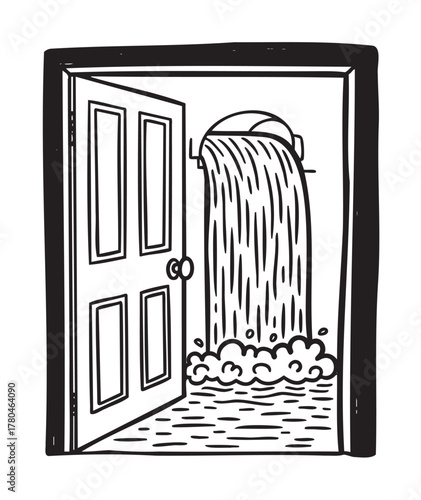 Black and white illustration of an open door with a large waterfall pouring inside, resembling a surreal scene.