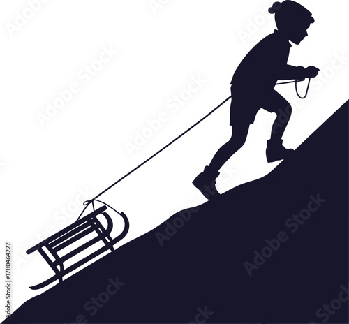 Silhouette of person pulling sled uphill representing effort and winter activity isolated on transparent background