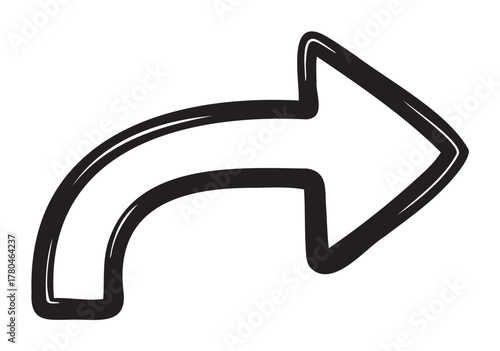 Black outline vector icon of a thick curved right arrow with a broad tip. minimal linear illustration for direction and navigation concepts.