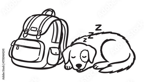 Black outline drawing of a sleeping dog curled up next to a backpack. minimalist graphic design for travel, pet, and adventure themes.