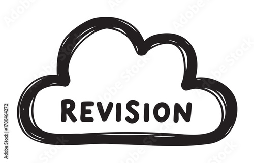 Hand-drawn cloud outline with the word "revision" inside, symbolizing updates or changes in a playful style.