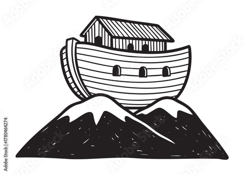 Stylized black and white illustration of a wooden ark resting on snow-capped mountains, featuring three windows and a wooden house on top.