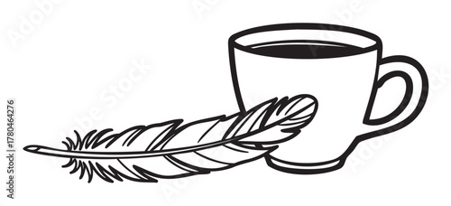 Black outline vector icon of a simple tea or coffee cup with a handle, alongside a single detailed feather illustration. minimal design for relaxation or nature themes.