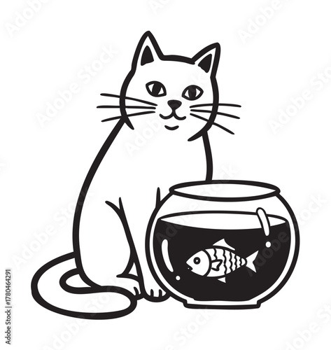 Black outline vector icon of a curious cat sitting beside a fishbowl with a fish inside, illustrating playful pet interaction.