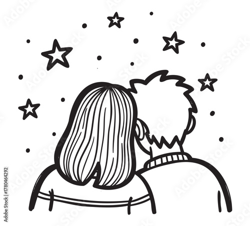 Black outline illustration of a couple, a female and a male, enjoying a starlit night, gazing at the sky with scattered stars.