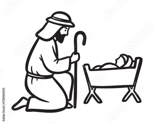 Black outline illustration of a kneeling male figure in traditional middle eastern attire with a staff, beside a newborn in a manger.