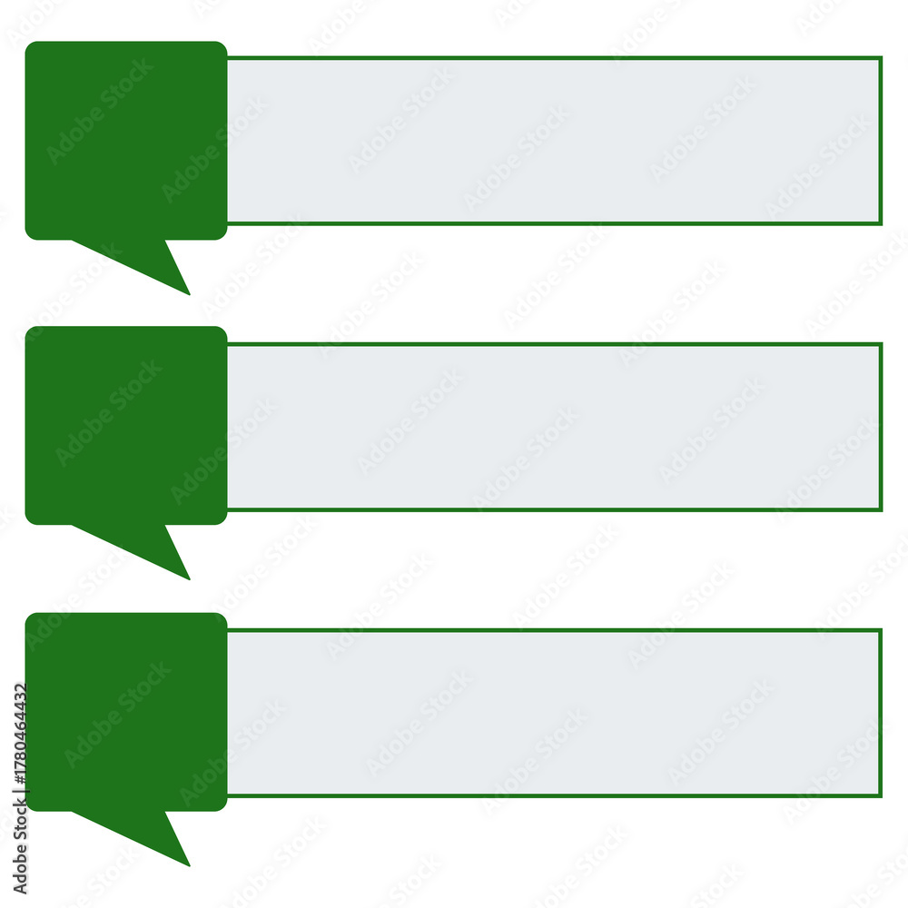 Obraz premium Infographic Template: 3 Steps, Options, or Items in a Green and White Horizontal Layout with Speech Bubble Icons and Transparent Background. Vector Business Presentation Design.