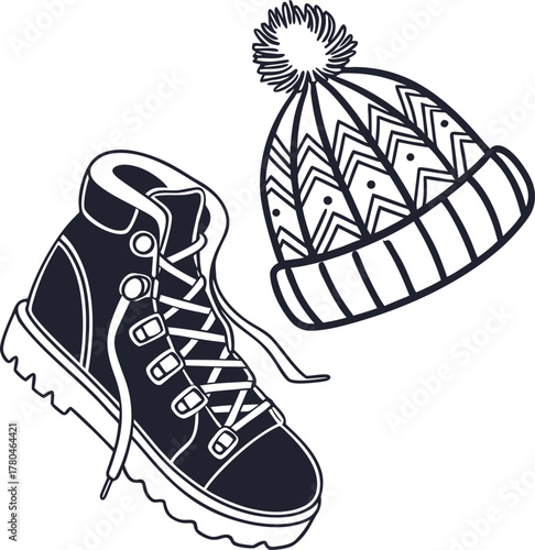 Winter hiking boot and knit beanie for cold weather adventures and outdoor activities isolated on transparent background