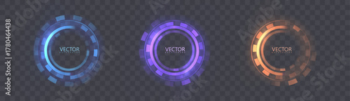 HUD-style light circles in blue, purple, and orange on a dark background. Round interface elements with bright backlighting for sci-fi panels and gaming UIs.