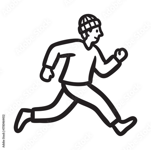 Black outline vector icon of a male figure jogging energetically, wearing a knitted beanie and casual clothing.