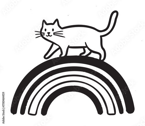 Black outline drawing of a cat walking on top of a simplistic rainbow with clean lines and minimalistic design.