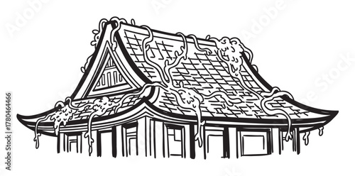 Black outline drawing of a traditional asian temple roof covered in vines with intricately detailed tiles and decorative eaves.