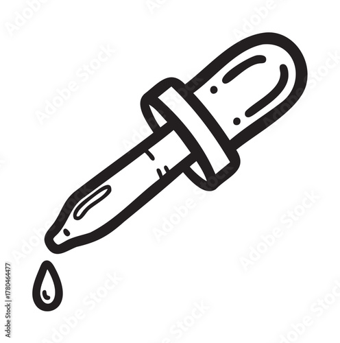 Black outline drawing of a simple dropper with a liquid droplet at its tip. used for medical, laboratory, or essential oil applications.