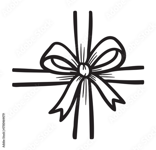 Black outline illustration of a decorative bow with long ribbons tied in a neat knot, symbolizing gift wrapping and celebration.