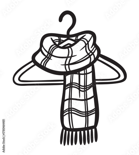 Black outline of a plaid scarf neatly draped over a hanger, showcasing a classic checkered pattern with tassel ends.